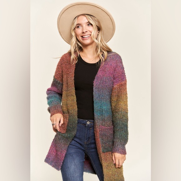 Multicolor Ombre Textured Marled Knit Cardigan with Pockets - Picture 14 of 16